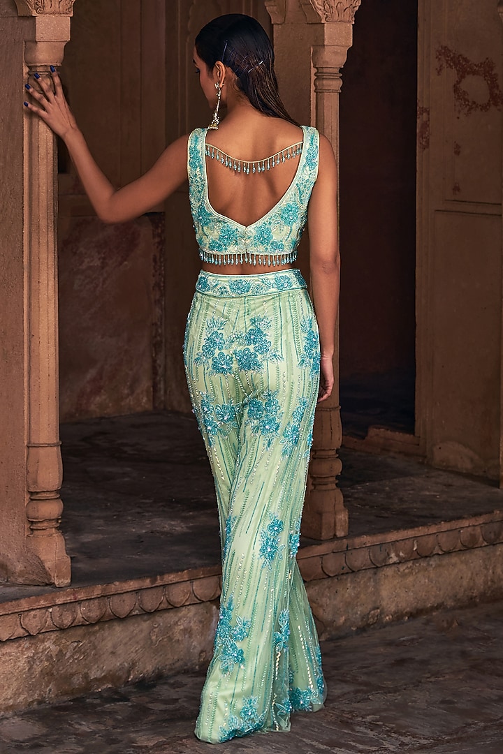 Mint Green Tulle & Crepe Floral Embroidered Cape Set by DiyaRajvvir at Pernia's Pop Up Shop