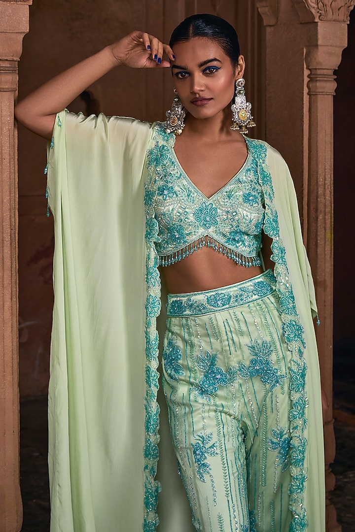 Mint Green Tulle & Crepe Floral Embroidered Cape Set by DiyaRajvvir at Pernia's Pop Up Shop