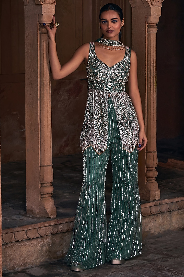 Sage Green Tulle Embroidered Bridal Sharara Set by DiyaRajvvir at Pernia's Pop Up Shop