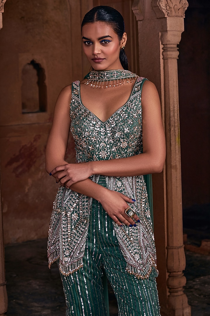 Sage Green Tulle Embroidered Bridal Sharara Set by DiyaRajvvir at Pernia's Pop Up Shop