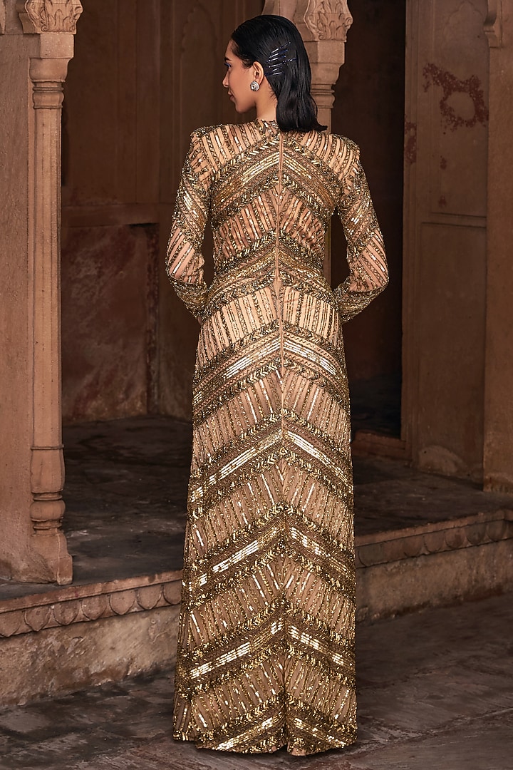 Metallic Gold Tulle Chevron Embroidered Wedding Gown by DiyaRajvvir at Pernia's Pop Up Shop