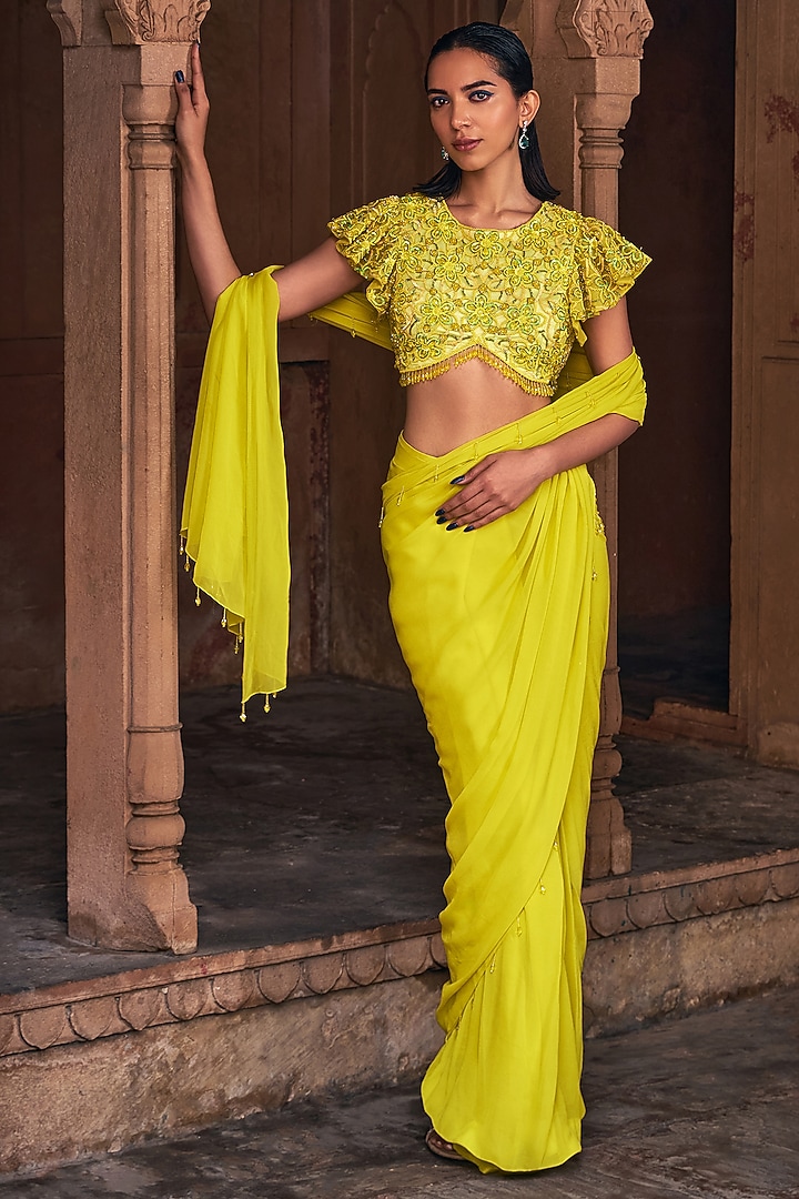 Yellow Tulle & Georgette Draped Skirt Wedding Saree Set by DiyaRajvvir at Pernia's Pop Up Shop