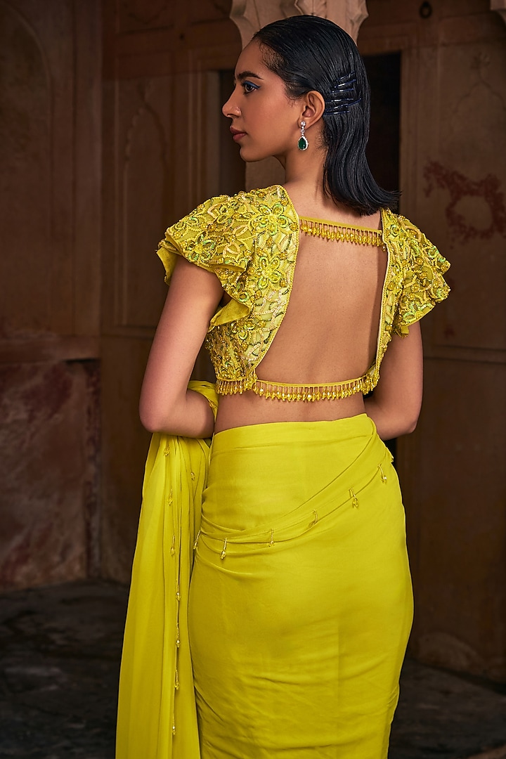 Yellow Tulle & Georgette Draped Skirt Wedding Saree Set by DiyaRajvvir at Pernia's Pop Up Shop
