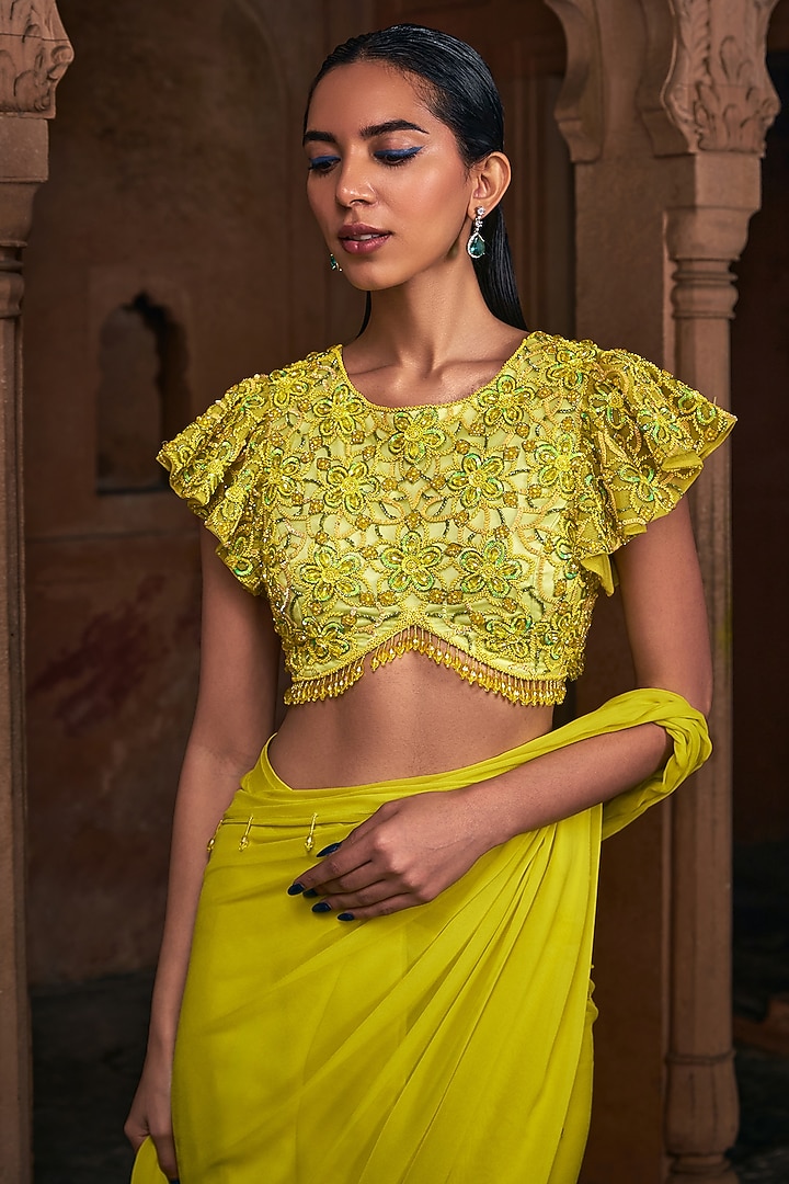 Yellow Tulle & Georgette Draped Skirt Wedding Saree Set by DiyaRajvvir at Pernia's Pop Up Shop