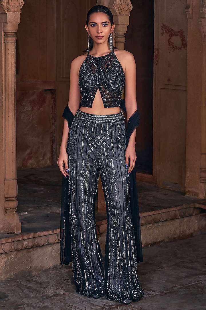 Black Tulle Embroidered Bridal Sharara Set by DiyaRajvvir at Pernia's Pop Up Shop