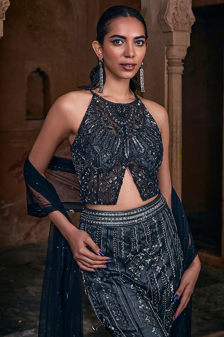 Black Tulle Embroidered Bridal Sharara Set by DiyaRajvvir at Pernia's Pop Up Shop