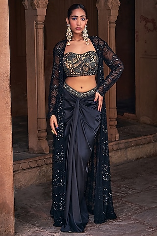 Black Tulle & Armani Satin Chevron Embroidered Cape Set by DiyaRajvvir