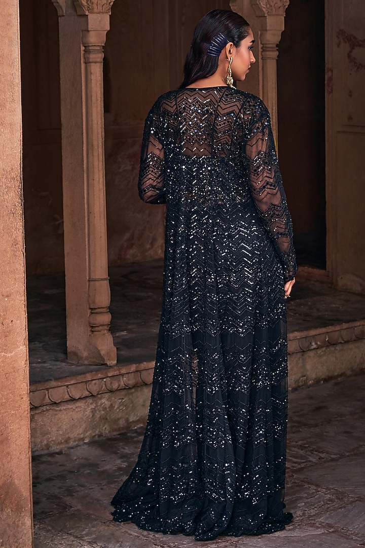 Black Tulle & Armani Satin Chevron Embroidered Cape Set by DiyaRajvvir at Pernia's Pop Up Shop