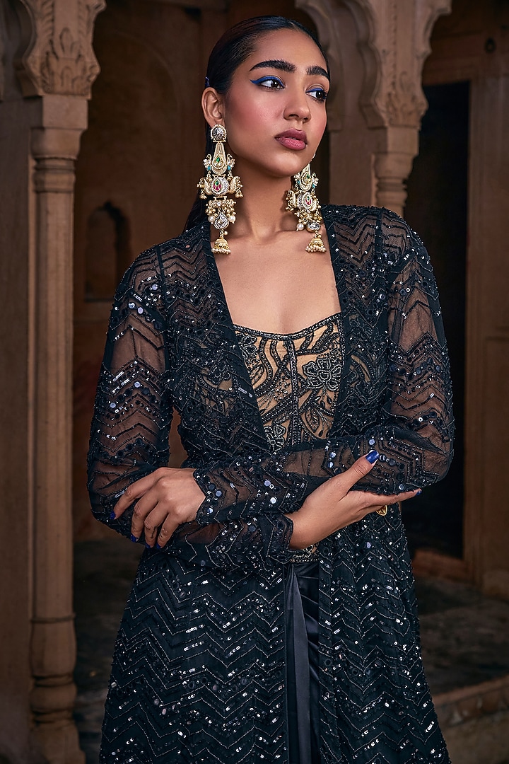 Black Tulle & Armani Satin Chevron Embroidered Cape Set by DiyaRajvvir at Pernia's Pop Up Shop
