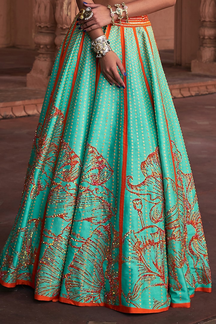 Sea Green Tulle & Raw Silk Floral Printed Wedding Lehenga Set by DiyaRajvvir at Pernia's Pop Up Shop