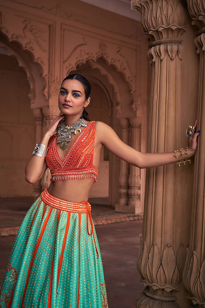 Sea Green Tulle & Raw Silk Floral Printed Wedding Lehenga Set by DiyaRajvvir at Pernia's Pop Up Shop