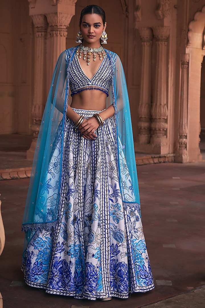 Indigo Blue Raw Silk & Cotton Silk Floral Printed Wedding Lehenga Set by DiyaRajvvir at Pernia's Pop Up Shop