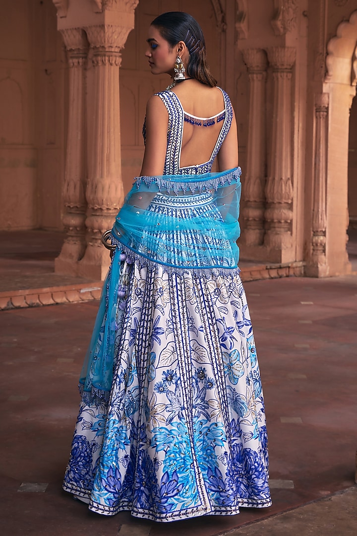 Indigo Blue Raw Silk & Cotton Silk Floral Printed Wedding Lehenga Set by DiyaRajvvir at Pernia's Pop Up Shop