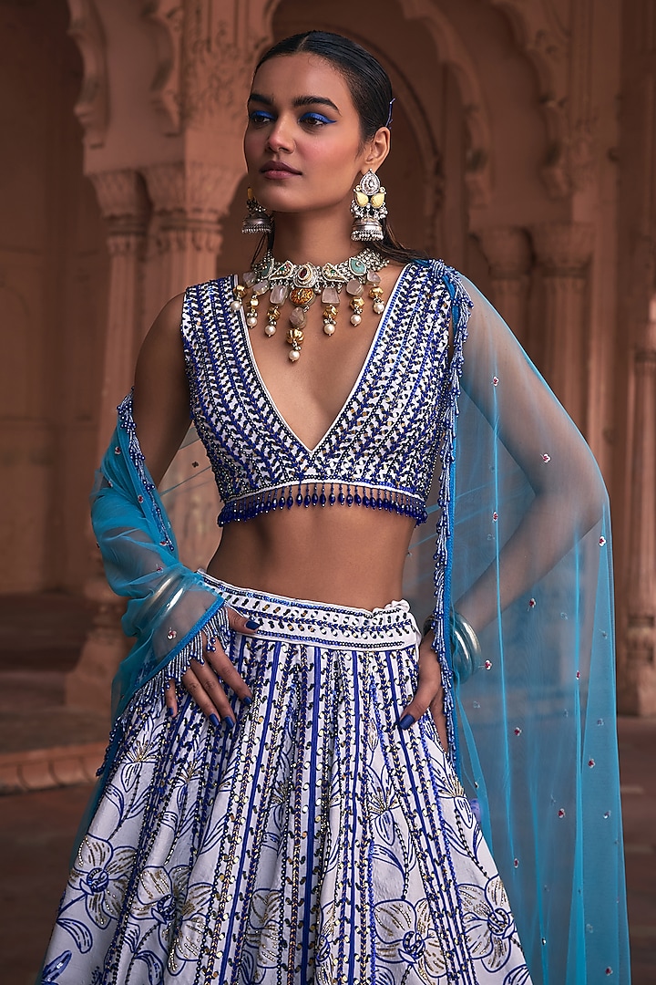 Indigo Blue Raw Silk & Cotton Silk Floral Printed Wedding Lehenga Set by DiyaRajvvir at Pernia's Pop Up Shop