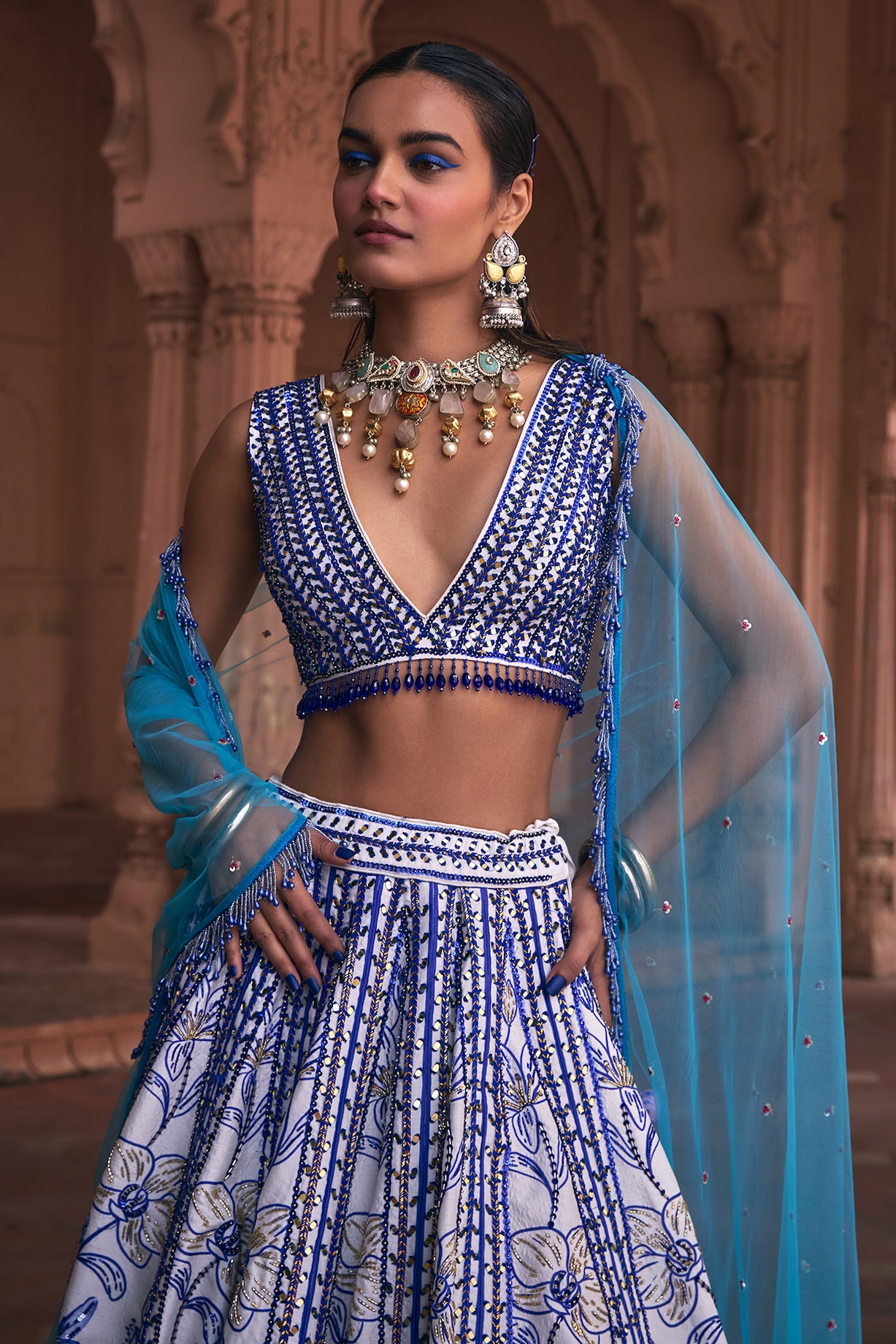 Blue Silk Floral Lehenga