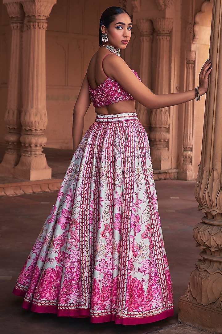 Fuchsia & Mint Raw Silk Floral Printed Wedding Lehenga Set by DiyaRajvvir at Pernia's Pop Up Shop