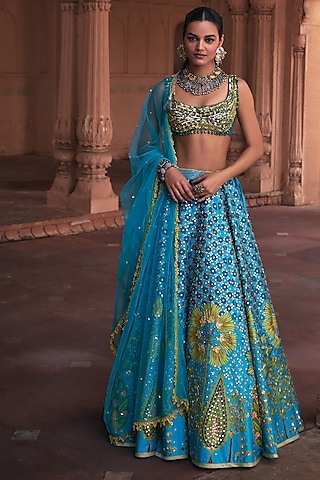 Turquoise Raw Silk & Tulle Floral Printed Lehenga Set by DiyaRajvvir