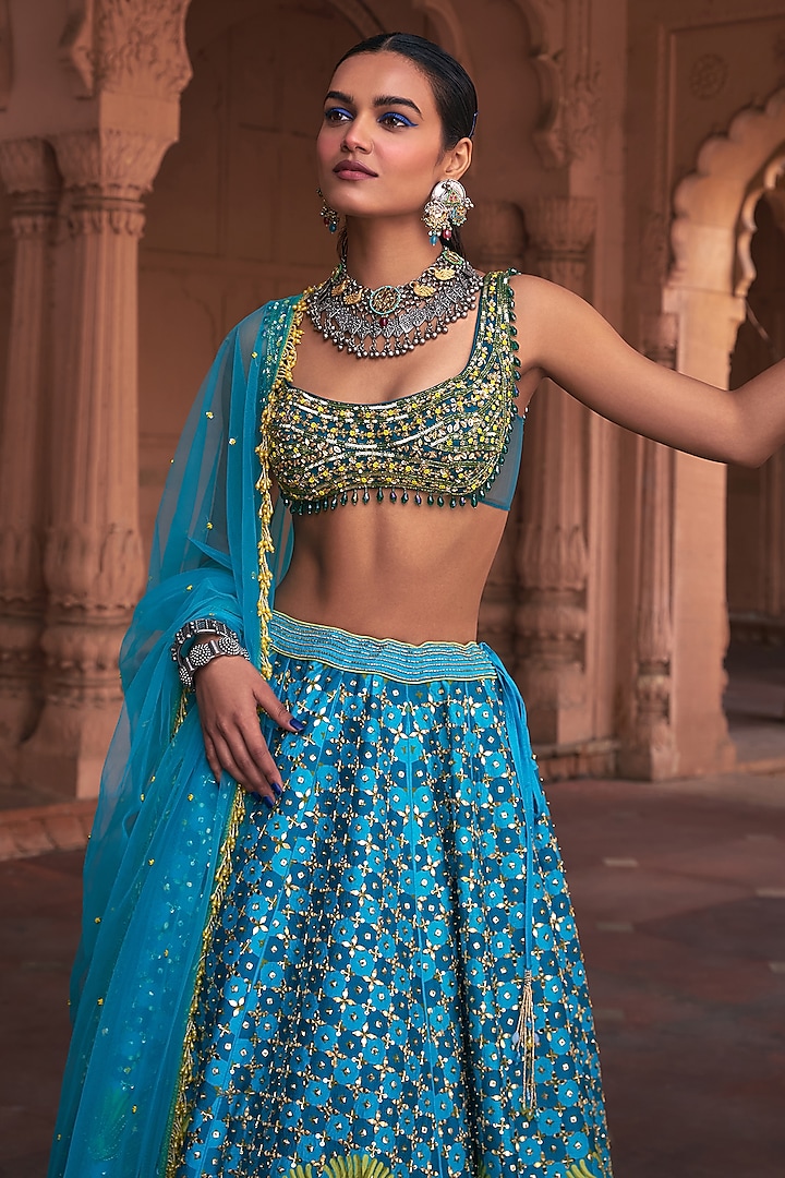 Turquoise Raw Silk & Tulle Floral Printed Wedding Lehenga Set by DiyaRajvvir at Pernia's Pop Up Shop