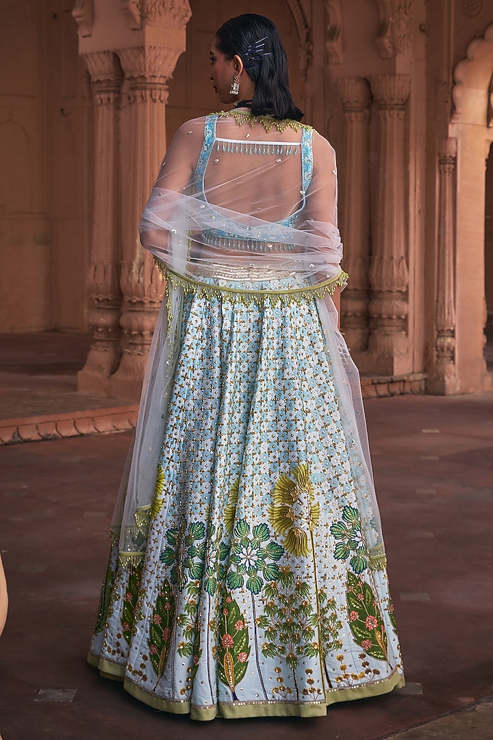 Powder Blue Raw Silk & Crepe Floral Printed Wedding Lehenga Set by DiyaRajvvir at Pernia's Pop Up Shop
