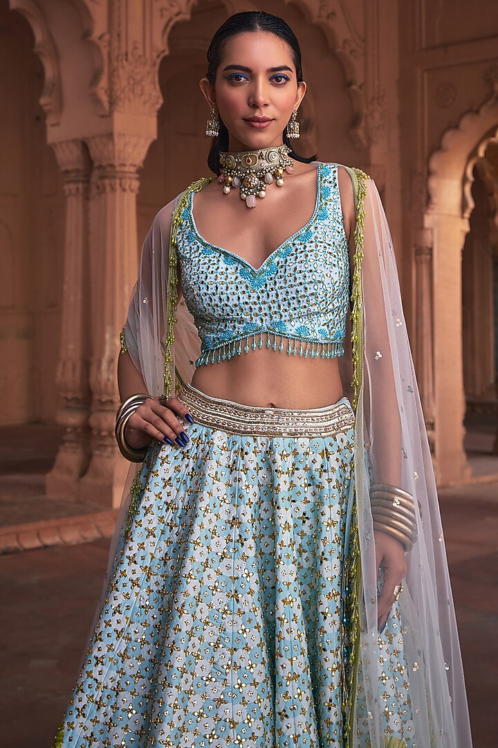 Powder Blue Raw Silk & Crepe Floral Printed Wedding Lehenga Set by DiyaRajvvir at Pernia's Pop Up Shop