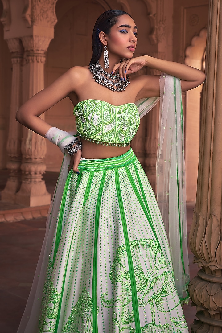 Neon Raw Silk & Tulle Floral Printed Wedding Lehenga Set by DiyaRajvvir at Pernia's Pop Up Shop