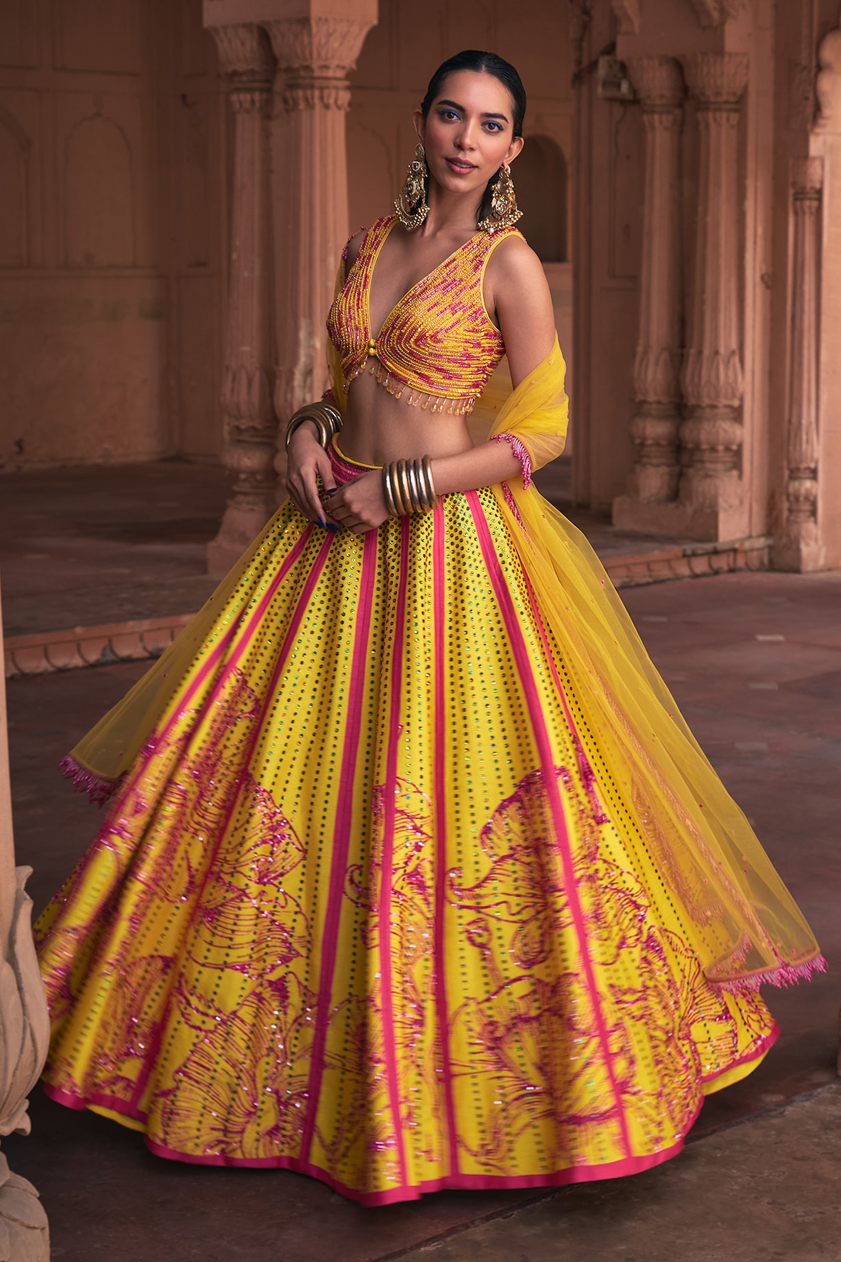 Yellow Fuchsia Pink Raw Silk Floral Printed Wedding Lehenga Set