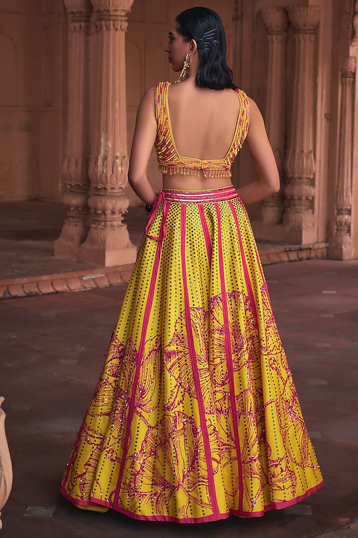Yellow & Fuchsia Pink Raw Silk Floral Printed Wedding Lehenga Set by DiyaRajvvir at Pernia's Pop Up Shop