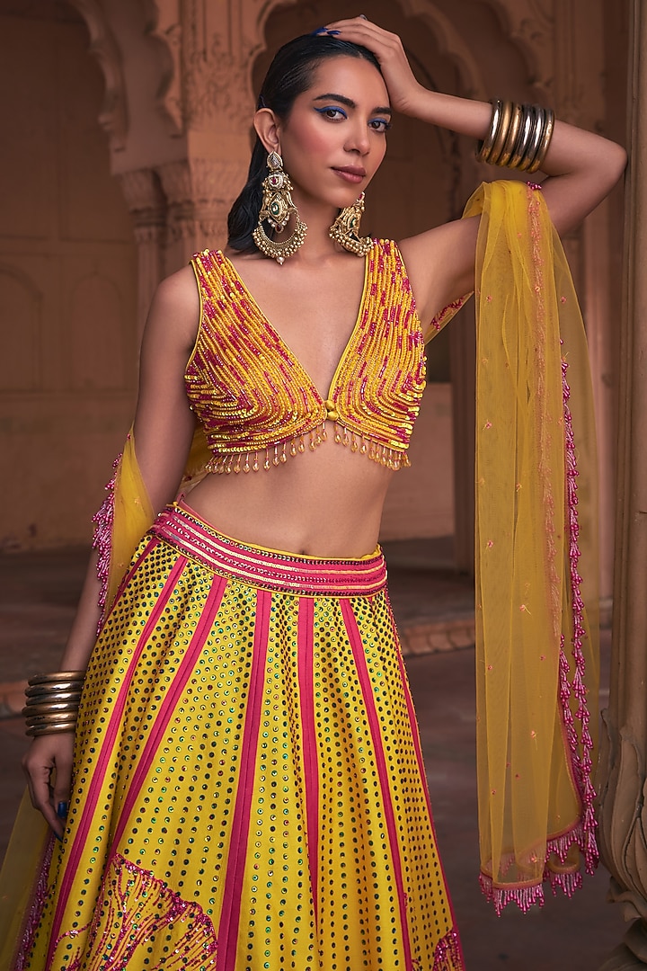 Yellow & Fuchsia Pink Raw Silk Floral Printed Wedding Lehenga Set by DiyaRajvvir at Pernia's Pop Up Shop