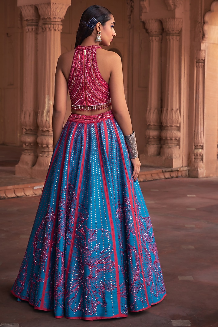 Teal Raw Silk & Tulle Floral Printed Wedding Lehenga Set by DiyaRajvvir at Pernia's Pop Up Shop
