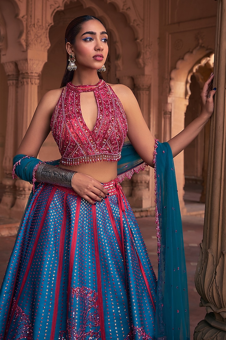 Teal Raw Silk & Tulle Floral Printed Wedding Lehenga Set by DiyaRajvvir at Pernia's Pop Up Shop