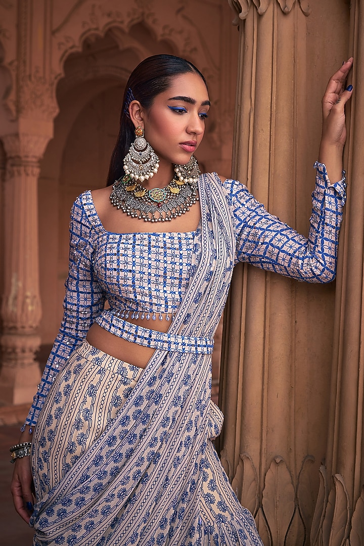 Blue Crepe & Georgette Stripe Printed Gharara Wedding Saree Set by DiyaRajvvir at Pernia's Pop Up Shop