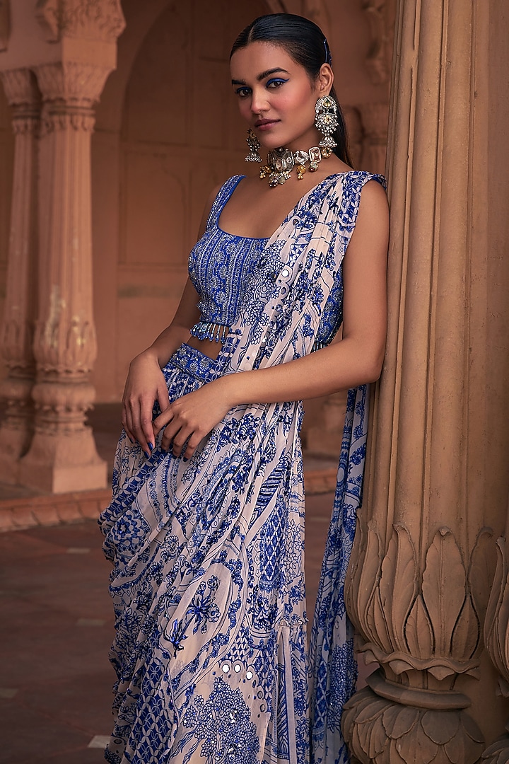 Blue Crepe & Georgette Printed Skirt Wedding Saree Set by DiyaRajvvir at Pernia's Pop Up Shop