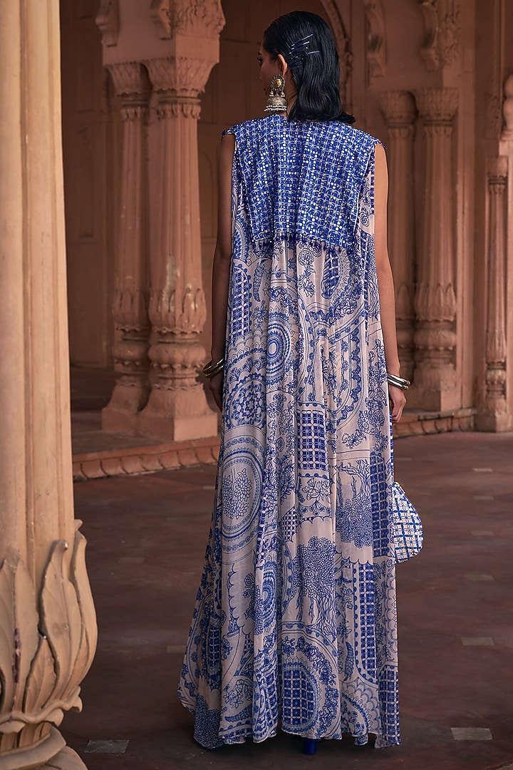 Blue Crepe & Georgette Printed Cape Set by DiyaRajvvir at Pernia's Pop Up Shop