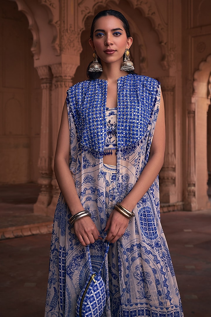 Blue Crepe & Georgette Printed Cape Set by DiyaRajvvir at Pernia's Pop Up Shop