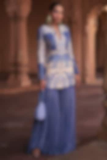 Blue Dola Silk & Georgette Printed Jacket Set by DiyaRajvvir at Pernia's Pop Up Shop