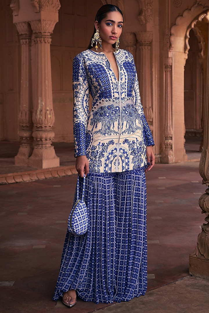 Blue Dola Silk & Georgette Printed Jacket Set by DiyaRajvvir at Pernia's Pop Up Shop