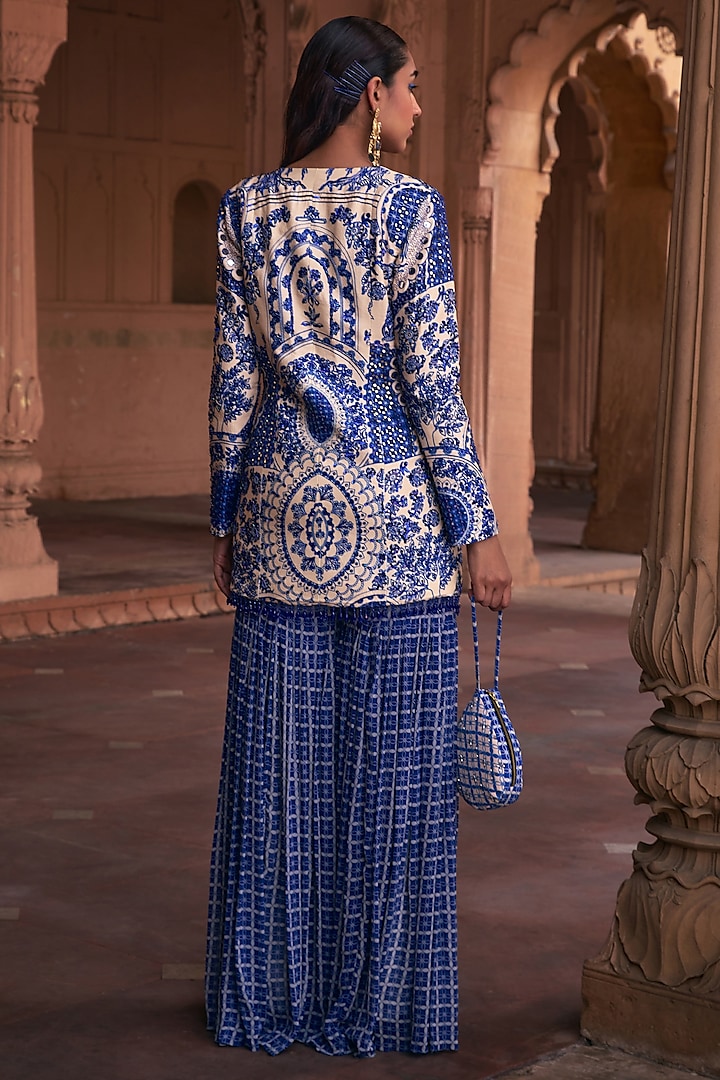 Blue Dola Silk & Georgette Printed Jacket Set by DiyaRajvvir at Pernia's Pop Up Shop