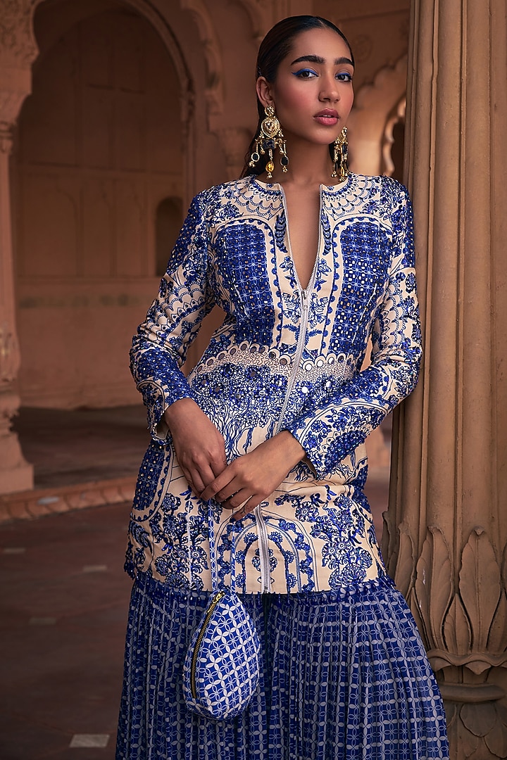 Blue Dola Silk & Georgette Printed Jacket Set by DiyaRajvvir at Pernia's Pop Up Shop