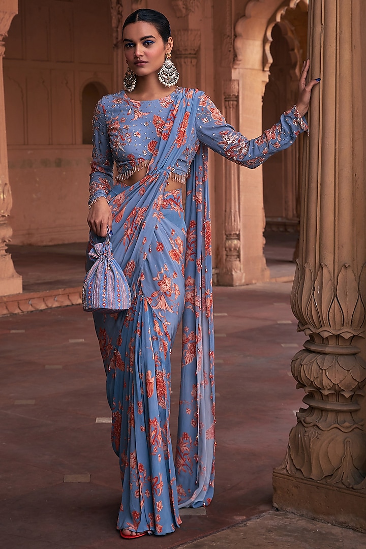 Slate Blue Crepe Floral Printed Draped Skirt Saree Set by DiyaRajvvir