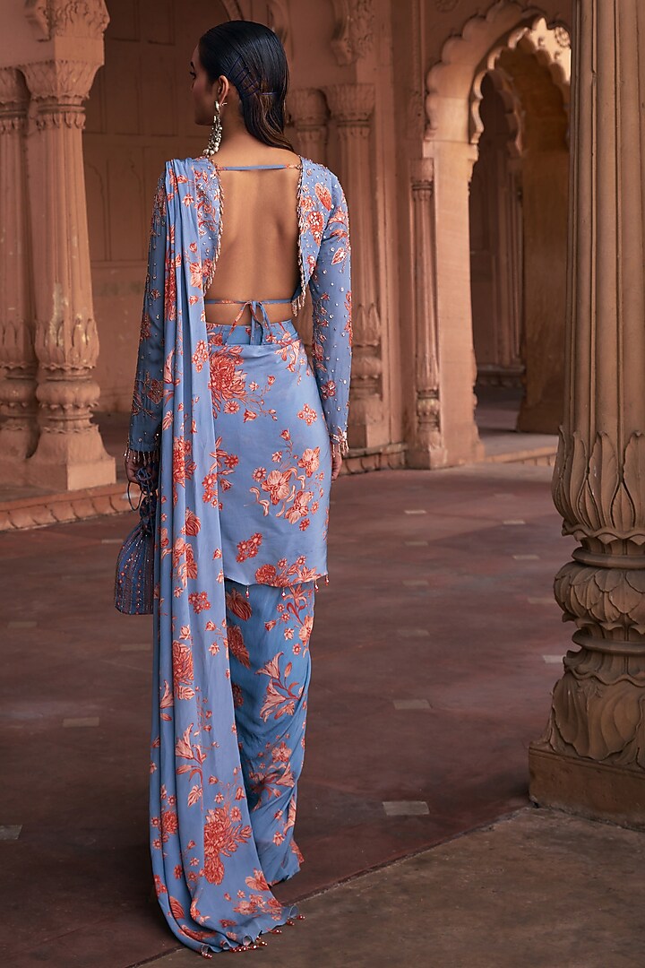 Slate Blue Crepe Floral Printed Draped Skirt Wedding Saree Set by DiyaRajvvir at Pernia's Pop Up Shop