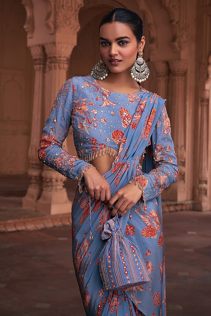Slate Blue Crepe Floral Printed Draped Skirt Wedding Saree Set by DiyaRajvvir at Pernia's Pop Up Shop