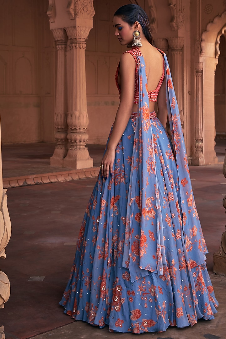 Slate Blue Organza & Tulle Floral Printed Wedding Lehenga Set by DiyaRajvvir at Pernia's Pop Up Shop