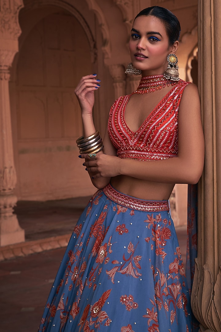 Slate Blue Organza & Tulle Floral Printed Wedding Lehenga Set by DiyaRajvvir at Pernia's Pop Up Shop
