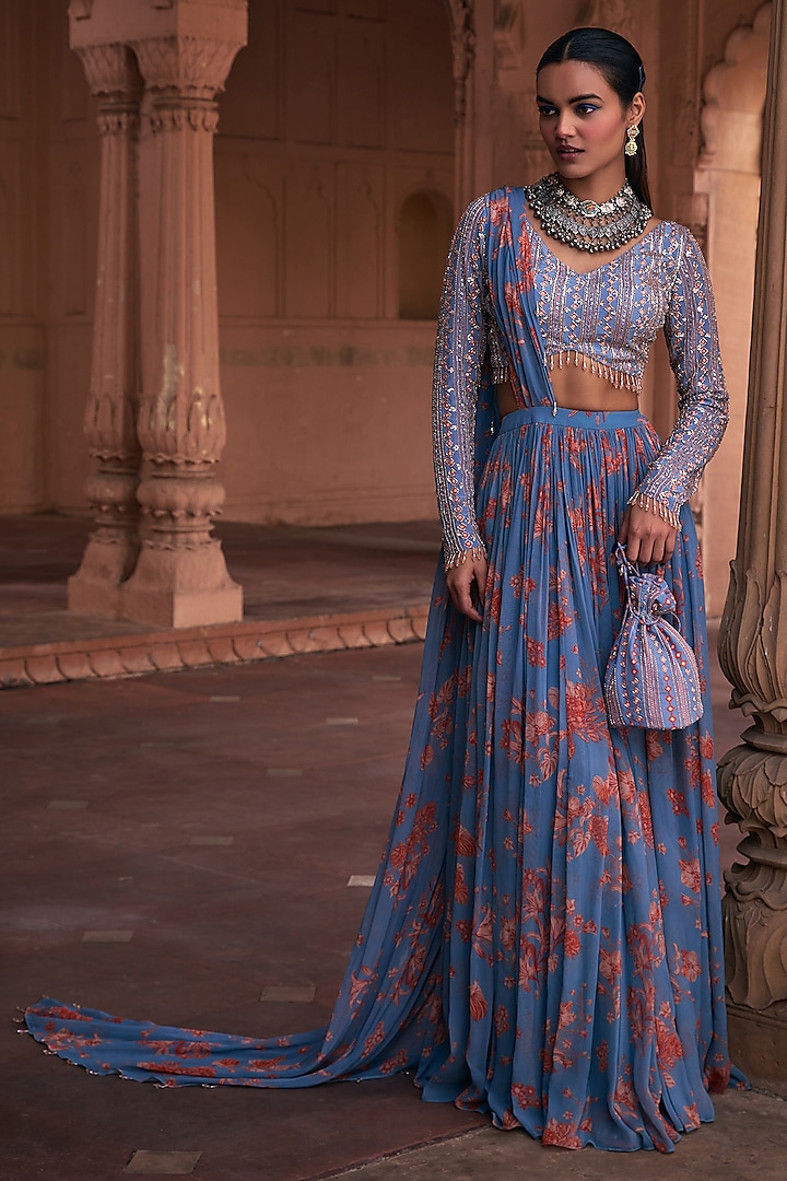 Slate Blue Crepe & Georgette Floral Printed Skirt Saree Set by DiyaRajvvir