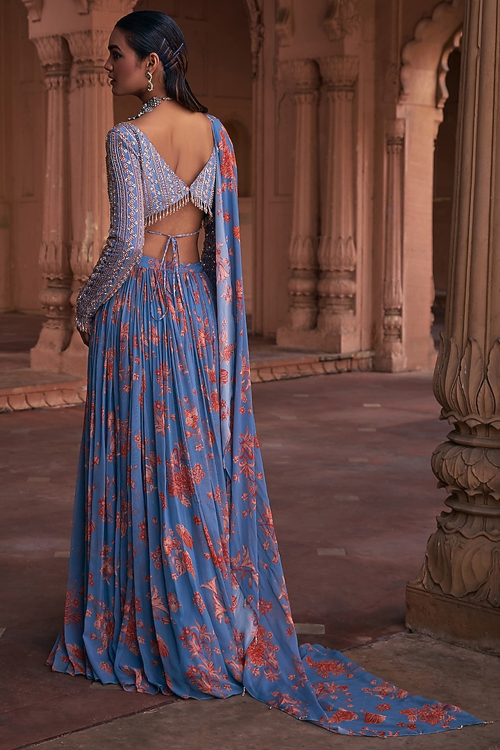 Slate Blue Crepe & Georgette Floral Printed Skirt Wedding Saree Set by DiyaRajvvir at Pernia's Pop Up Shop