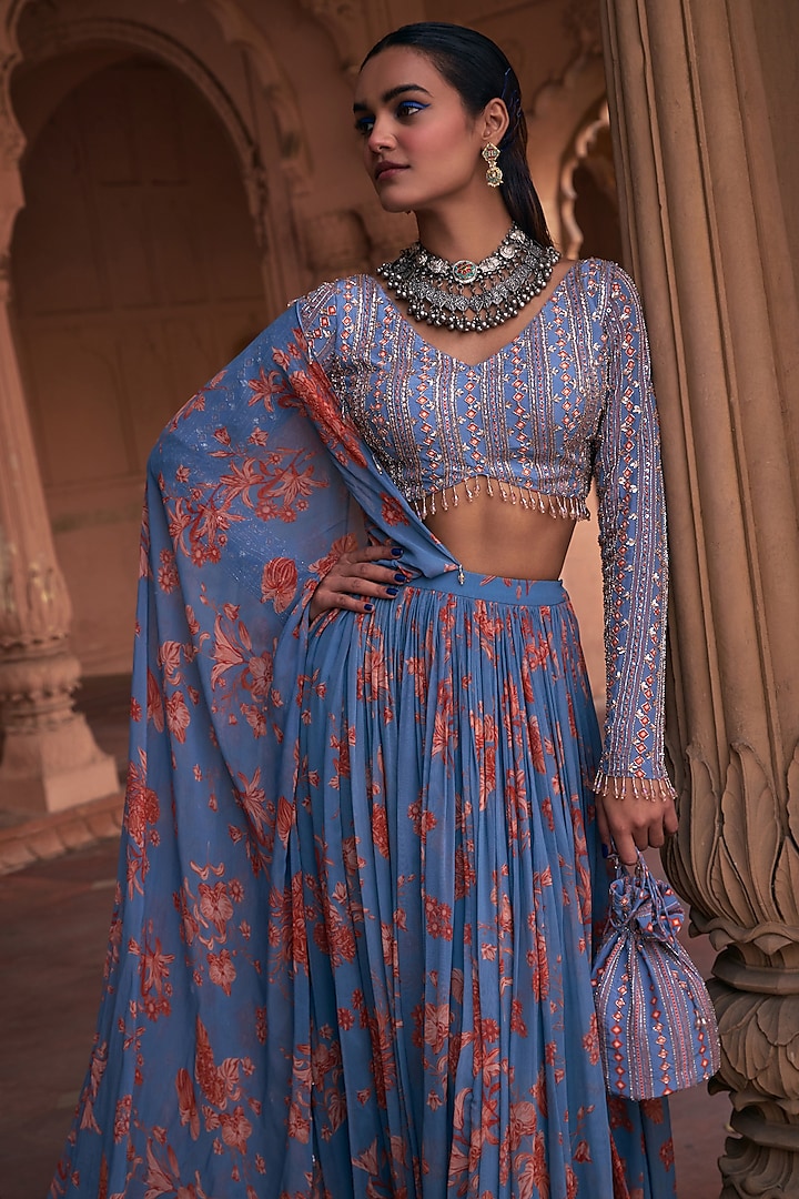 Slate Blue Crepe & Georgette Floral Printed Skirt Wedding Saree Set by DiyaRajvvir at Pernia's Pop Up Shop
