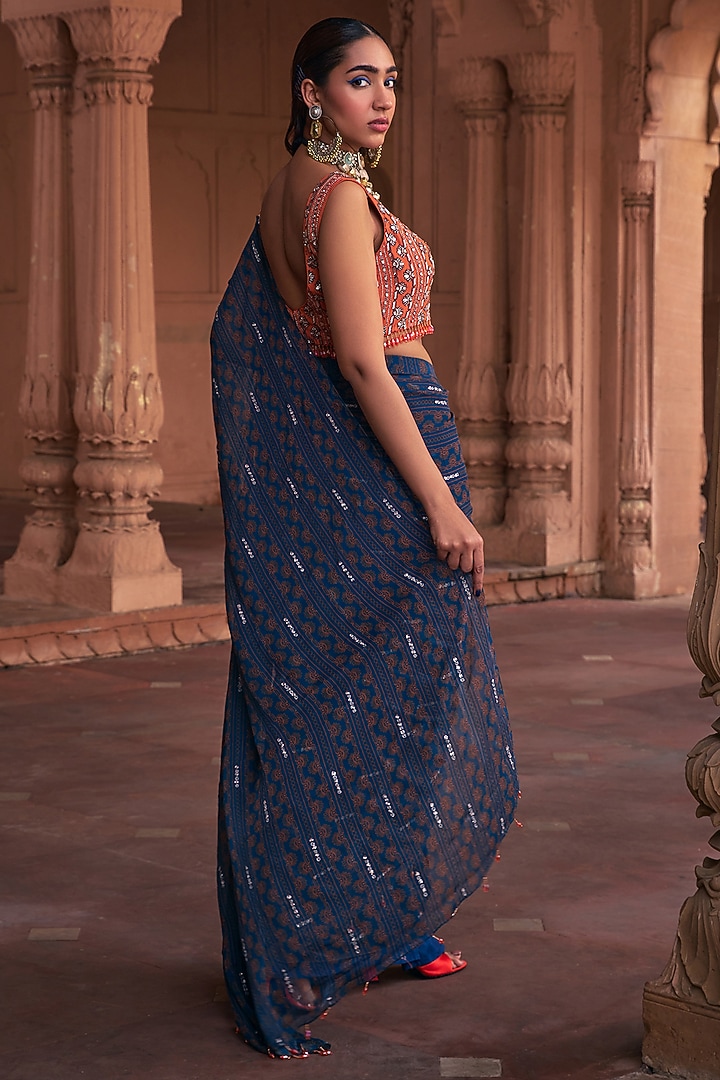 Teal Crepe & Georgette Stripe Printed Pre-Stitched Wedding Saree Set by DiyaRajvvir at Pernia's Pop Up Shop