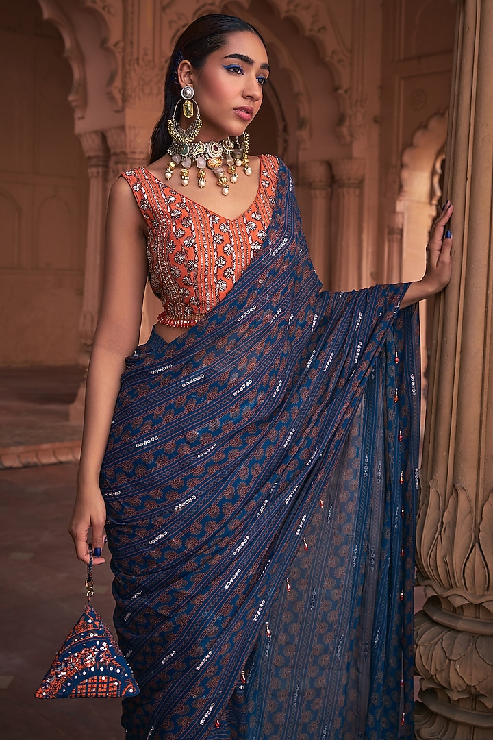 Teal Crepe & Georgette Stripe Printed Pre-Stitched Wedding Saree Set by DiyaRajvvir at Pernia's Pop Up Shop