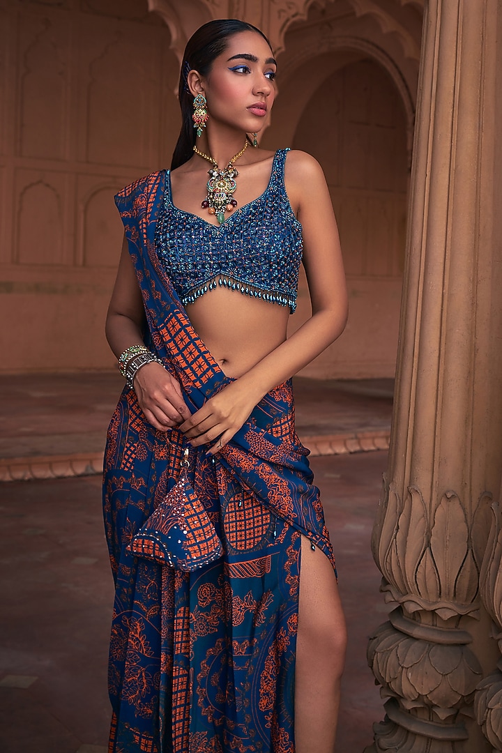 Teal Crepe & Tulle Printed Pre-Stitched Wedding Saree Set by DiyaRajvvir at Pernia's Pop Up Shop