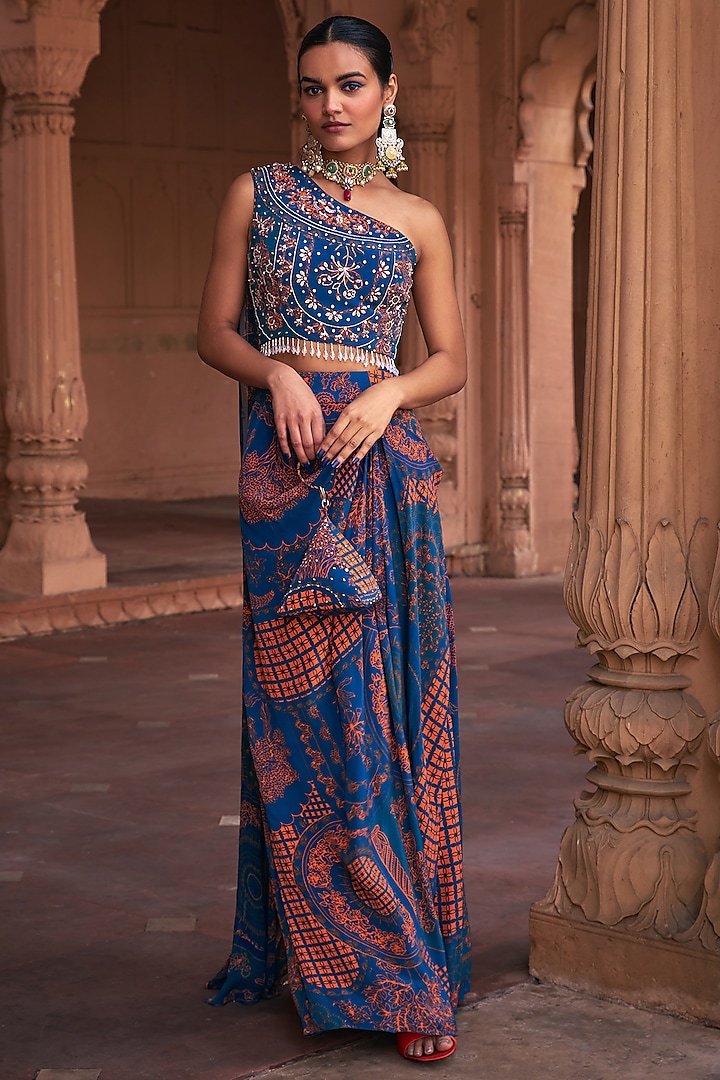 Teal Crepe & Georgette Printed Skirt Set by DiyaRajvvir at Pernia's Pop Up Shop
